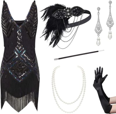 Charlestonjurk voor dames, sexy V-hals, flapperjurk, jaren 20-stijl, Great Gatsby-thema, party, carnavalskostuumjurk, SET - zwart, S