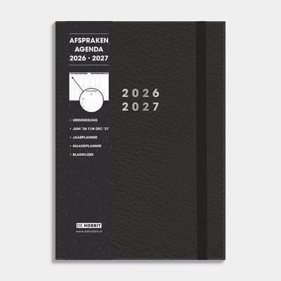 Hobbit - Zakenagenda 2026-2027 - Afsprakenagenda - A4 (21 x 29,7 cm) - Tijdindeling per kwartier - 1 week over 2 pagina's - Flexibele Kaft - Lederlook Zwart