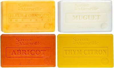 Set Marseille zeep 4 x 100 gram in geuren sinaasappelbloem-lelietjes van dalen-abrikoos-thym citroen
