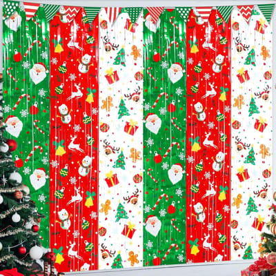 2 stuks kerstversieringen, foliegordijn met franje en tape, kerstthema, metallic streamer, fotoachtergrond voor winterse kerstvakantie, achtertuindeur, muurdecoratie (3.3 x 6.6 ft)