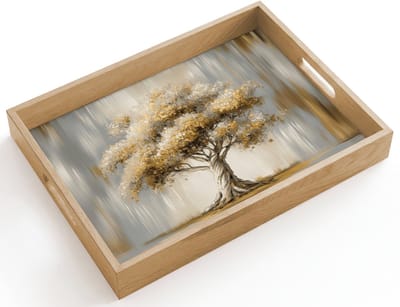 Dienblad hout 40x30 cm - Schootdienblad - Boom - Bladeren - Abstract - Wit - Borrelplank rechthoek - Plateau dienbladen