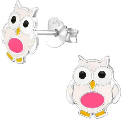 Joy|S - Zilveren uil oorbellen - 8 x 7 mm - roze - kinderoorbellen