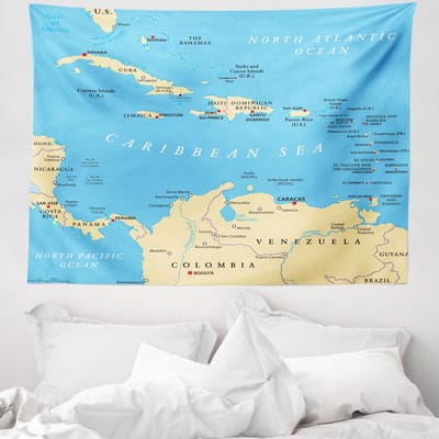 ABAKUHAUS Wandtapijt en sprei 'Wanderlust', kaart van Caribische hoofdsteden, 150 x 110 cm, blauw ivoor