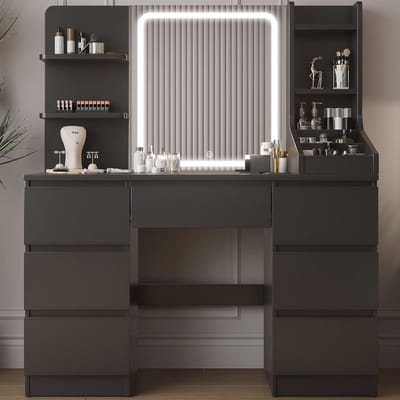 Moderne Kaptafel met LED Spiegel en Verlichting, 4 Planken en 7 Laden