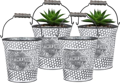 Sunnydays Emmer/plantenpot/bloempot - 4x - zink - zilver - D12.5 x H13 cm