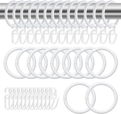 50 Stuks Metalen Gordijnringen en 50 Stuks Plastic Gordijnhaken voor Raamdecoratie, Douchegordijnen en Gordijnstangen (30mm Binnen Diameter, Wit)