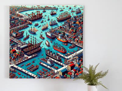 Pixel art haven schilderij | Haven van digitale dromen: een kunstwerk in pixelkunst | Kunst - 60x60 centimeter op Canvas | Foto op Canvas