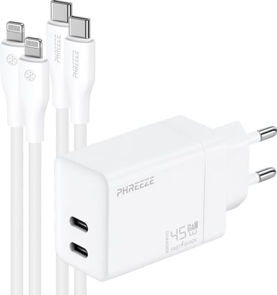 Phreeze oplader met 2 kabels geschikt voor iPhone 14 13 12 11 X XR XS Max Pro Mini Plus en iPad met Lightning kabel 1m