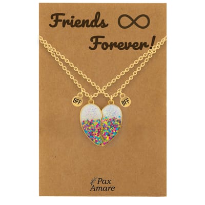 BFF Ketting voor 2 ' Friends Forever' - Magnetisch Glitter Hartje - Vriendschapsketting op Cadeau Kaartje - 45cm + 5cm verstelbaar - Goudkleurig - Best Friends Hanger - Pax Amare