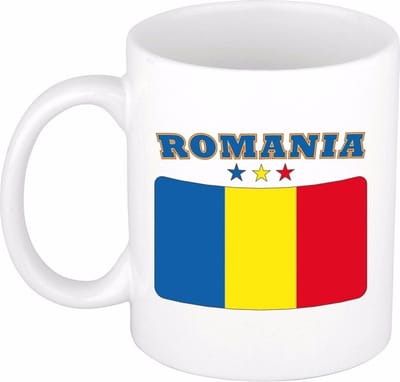 Bellatio Decorations koffie mok - Roemenie - vlag print - 300 ml - wit - keramiek - Supporters fan artikelen - Landen beker