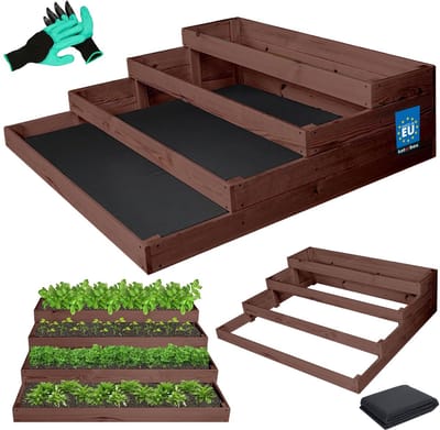 KOTARBAU® Moestuinbak, Plantenbed, Geïmpregneerd Grenenhout, 120 x 120 x 36 cm, Bruin, Bloembed 4 Etages, Verhoogde Plantenbak, met Handschoenen met Klauwen en Onkruidvlies