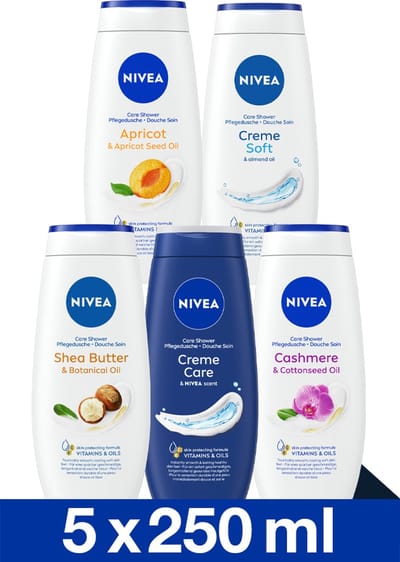 NIVEA Douchecrème Mix Set - 5 Unieke NIVEA Geuren - Body Wash - 5 x 250 ml - Mixpack Voordeelverpakking