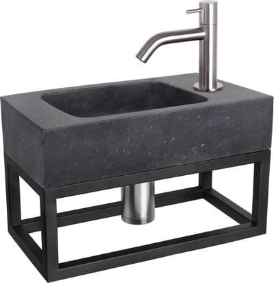 Differnz Fonteinset Bombai black - Natuursteen - Kraan gebogen mat chroom - Met handdoekrek - 40 x 22 x 9 cm