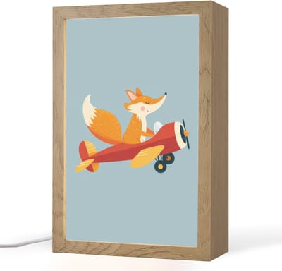 Nachtlampje 20x30 cm - Kinder lampje - Vos - Vliegtuig - Blauw - Tafellamp kinderkamer - Slaapkamer lamp - Bedlamp kinderen - Kinderlampje stopcontact - Wandlamp babykamer - Nachtlampjes