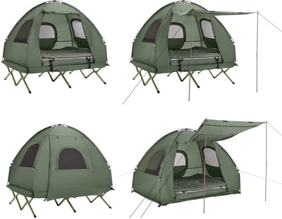 Archi 2-Persoons kampeertent – Tent - Kamperen - 4-in-1 – Stapelbed - Incl. luchtbed & slaapzak – Met draagtas op wielen – Groen