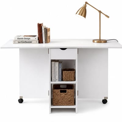 CINK Space® Opvouwbare eettafel - Uitschuifbare keukentafel voor 2-8 personen - 360° wielen - Lade en opbergrek - Wit - 118,5 x 72 x 75 cm