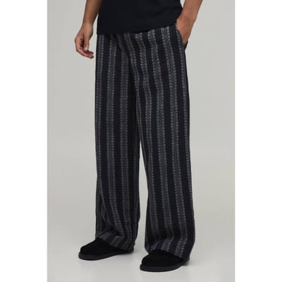 Baggy Fit Gestreepte Linnen Blend Broek | Black | Size XS