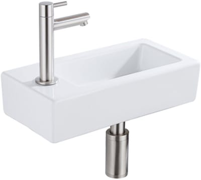 QeramiQ Fuente Fonteinset - 37.5x18.5x9cm - keramiek - kraangat links - fonteinkraan geborsteld RVS - afvoerplug - verlaagd sifon - Glans wit
