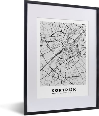 Fotolijst incl. Poster Zwart Wit- België – Kortrijk – Stadskaart – Kaart – Zwart Wit – Plattegrond - 30x40 cm - Posterlijst