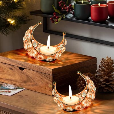 2 STKS Maan Kaarsenhouder, Ramadan Kaarsenhouder, Gouden Kaarsenhouder, Metalen Kandelaar, Theelichthouder, Kaars Sticks Houder voor Thuis Bruiloft Kerst Moslim Islam Decor, Eid Mubarak