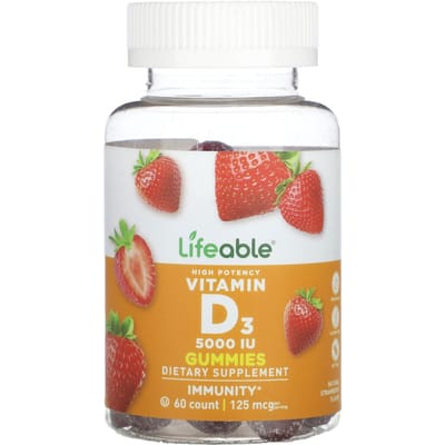 Bonbons gélifiés à la vitamine D3, haute puissance et à la saveur naturelle de fraise, 5 000 UI, 60 bonbons gélifiés (62,5 mg (2 500 UI) par bonbon)