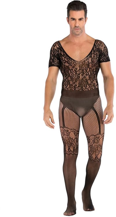 LekkerStout Heren Bodystocking - Zwart - Kant & Korte Mouwen - Open Rug - One Size M-XL | LS141
