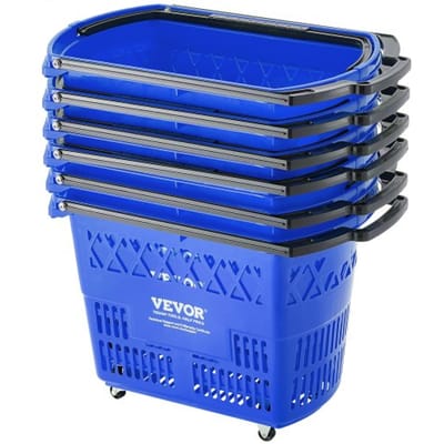 VEVOR Boodschappenmanden, 6-pack, 39L boodschappentrolley met handgrepen, rollende plastic boodschappenmand met wielen, grote draagbare boodschappenmandset voor supermarkten en detailhandelszaken