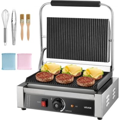 VEVOR Commerciële Panini Grill, Contactgrill 2200 W voor Sandwiches, Steak, Bacon, Hamburgers, Roestvrijstalen Sandwichmaker Persgrill met Handvat & Temperatuurregeling & 34 x 23 cm Verwarmingsplaat, Panini Pers