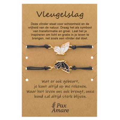 BFF Armbandjes voor 2 met Vlinders - Zwart / Wit met Goud - Persoonlijk Cadeau Kaartje - Vriendschap Cadeau - Pax Amare