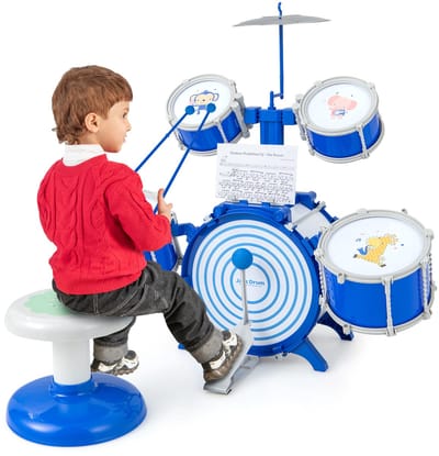 COSTWAY Kinderdrumset, drumset met kruk, muziekstandaard en voetpedaal, drumset voor kinderen vanaf 3 jaar