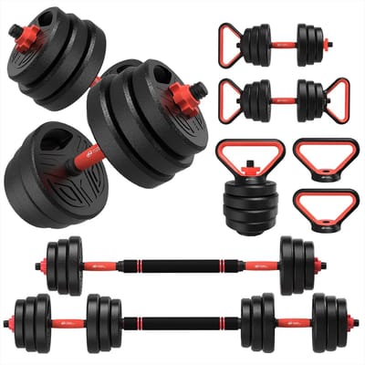 NaevaMi 3 in 1 Dumbells Set - Dumbbells - Kettlebells - Dumbbell Bars - 20kg Gewichten - Verstelbaar - Complete Home Gym Dumbbell en Krachtraining Oplossing - Thuis fitness - Fitness Schema - Zwart/Rood