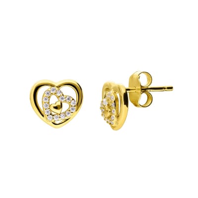Lucardi Dames Zilveren goldplated oorknoppen hart zirkonia - Oorbellen - 925 Zilver - Goudkleurig