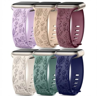 Gemengde kleur horlogebandjes 42mm (serie 1 / 2 / 3) / 44 mm / 45 mm / 46 mm (serie 10 / 11) / 49 mm (Ultra / Ultra 2) geschikt voor Apple Watch dames met bloemen gravure, siliconen smartwatch bandjes set van 6 vervangende horloge bandjes met gesp
