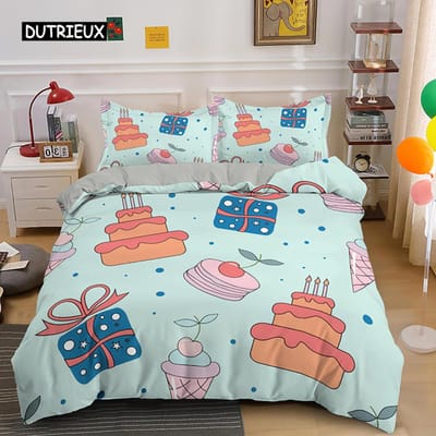 Cartoon Taart Koning Koningin Dekbedovertrek Dessert Cupcake IJs Beddengoed Set Kind Fijne Verjaardag Polyester Dekbedovertrek Kinderen Cadeaus US King(264x228cm)