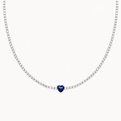 White Basis – Tennis Ketting met Sapphire Hart & Zirkonia – Rhodium Plated 925 Sterling Zilver – Sapphire Heart – 38cm – Kerst Cadeautje Vrouw