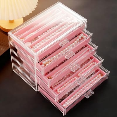 Sieradenopbergdoos voor Kettingen, Acryl Organizer met Fluwelen Lade, Stofdichte Displaycase voor Vrouwen en Meisjes - Perfect voor Kettingen, Armbanden en Oorbellen (Roze, 5 Lades)