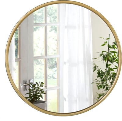 Ronde wandspiegel met gouden lijst, 50 cm, moderne hangspiegel voor badkamer, slaapkamer, woonkamer, hal, decoratieve make-upspiegel van glas, metaal, MDF en haken