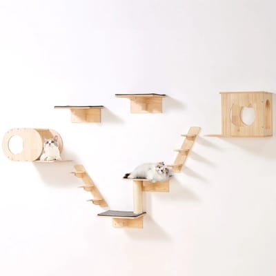 LabelOne Katten Klimmuur - Katten Klim Wand - Katten Muur - Krabpaal - 7-delig - belastbaar tot 18kg - wandmontage - hout