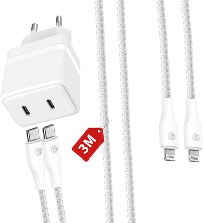 Usb C Adapter 2 Poorten - Dubbele usb C Snellader - Oplader geschikt voor iPhone 14 13 12 11 X - 1 Meter