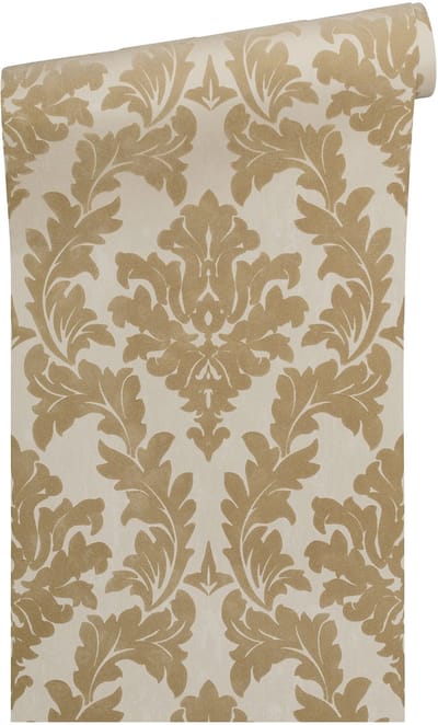 Exclusief velours barok vliesbehang met gevlokte, fluweelachtige toplaagbeife / goud / zandkleur