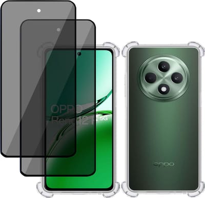 Hoesje + 2x Privé Screenprotector geschikt voor OPPO Reno 12 F / Reno 12 FS – Privacy Tempered Glass - Case Transparant