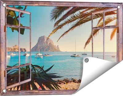 Gards Tuinposter Doorkijk Ibiza Cala d'Hort Strand - 60x40 cm - Tuindoek - Tuindecoratie - Wanddecoratie buiten - Tuinschilderij