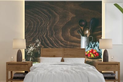 Behang - Fotobehang Rustiek - Fruit - Keukengerei - Aardbei - Breedte 280 cm x hoogte 280 cm