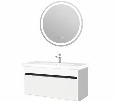 Dresden Badkamermeubel Set 100 cm Hoogglans Wit – Met Ronde LED Spiegel, Softclose Semi-Handgreep, 2 Deuren, Keramische Wastafel