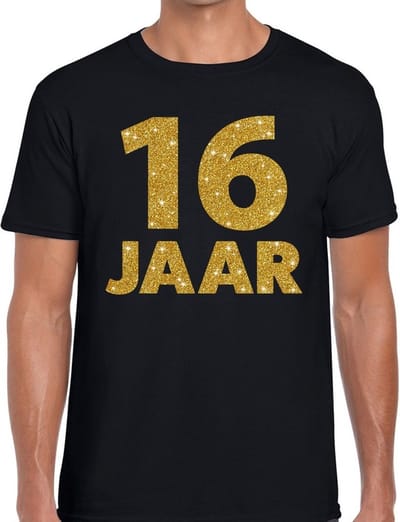 16 jaar gouden glitter tekst t-shirt zwart heren - heren shirt 16 jaar - verjaardag kleding S