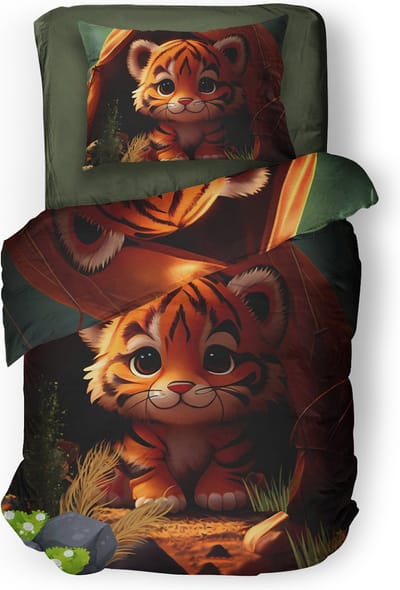 Eleganzzz Dekbedovertrek Kinderen Bobby - Tijger Dekbedovertrek - Bruin - Dekbedovertrek 140x200/220cm - Micropercal - Eenpersoons