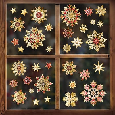 Raamstickers, gouden sneeuwvlokken, raamafbeeldingen, Kerstmis, zelfklevend, afneembare raamdecoratie, statisch hechtende stickers voor ramen, vitrine, deuren, etalages, winter, kerstdecoratie