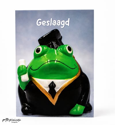 Geslaagd wenskaart – Kikker kaart met witte tekst | Kleintje Fotografie , mijlpaal, gefeliciteerd diploma, topprestaties, eindexamen, kaartje om versturen