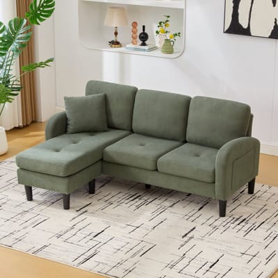 Wishdor - Driezits Hoekbank Met Chaise Longue - Modulair L-Vorm Ontwerp En Zachte Vulling - Modern - Voor Woonkamer - Ribstof, Schuim En Kunststof Poten - Groen - 166 X 118 X 77 Cm