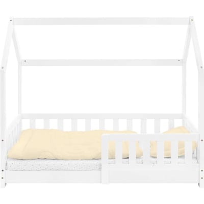 Kinderbed huisbed 70x140 cm wit gemaakt van dennenhout incl. matras H-10cm uitvalbeschermend dak en lattenbodem ML-Design